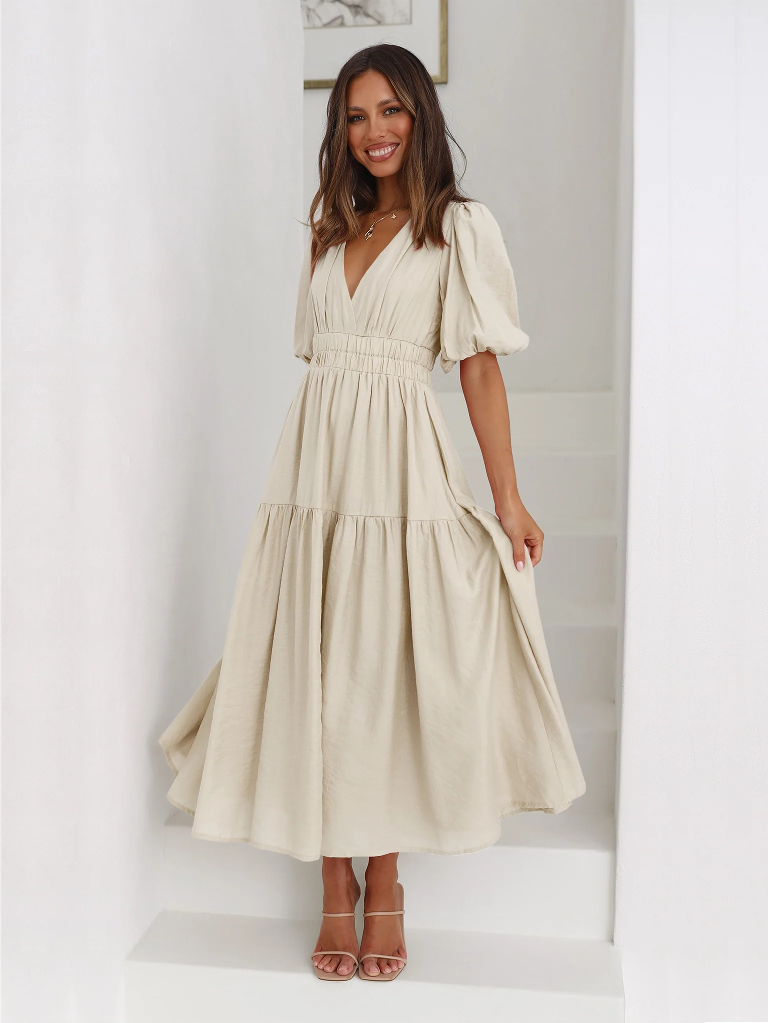KIMONA SMOCKED SHORT SLEEVE MAXI DRESS - BEIGE - Image 6
