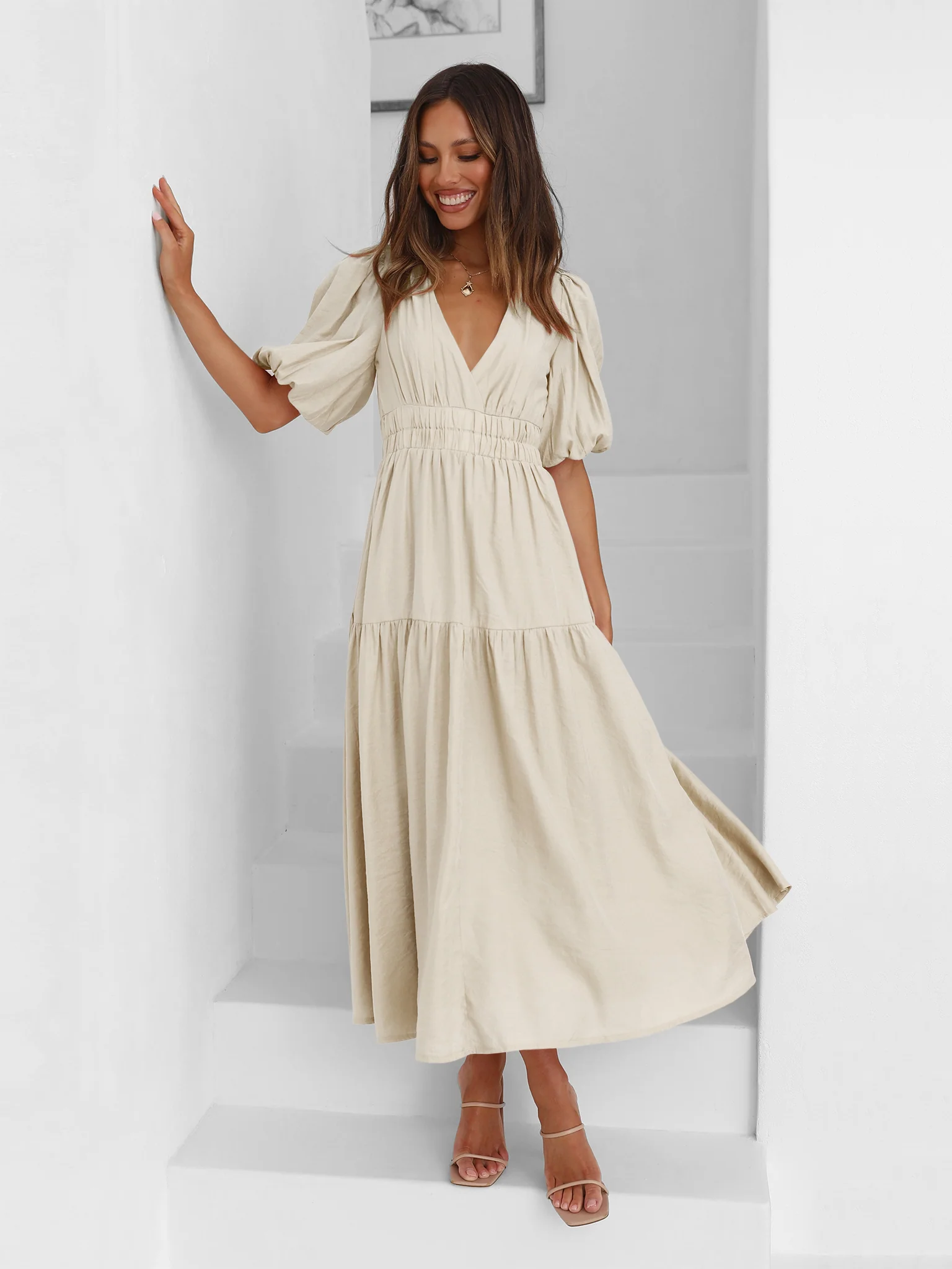 KIMONA SMOCKED SHORT SLEEVE MAXI DRESS - BEIGE - Image 7