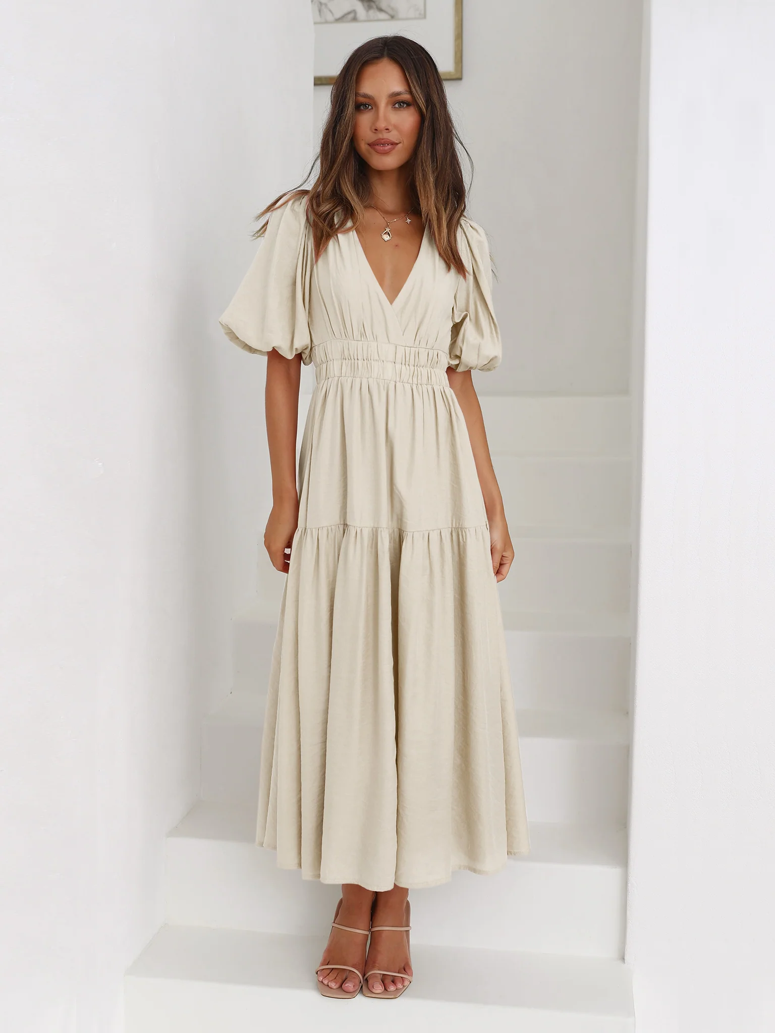 KIMONA SMOCKED SHORT SLEEVE MAXI DRESS - BEIGE - Image 8