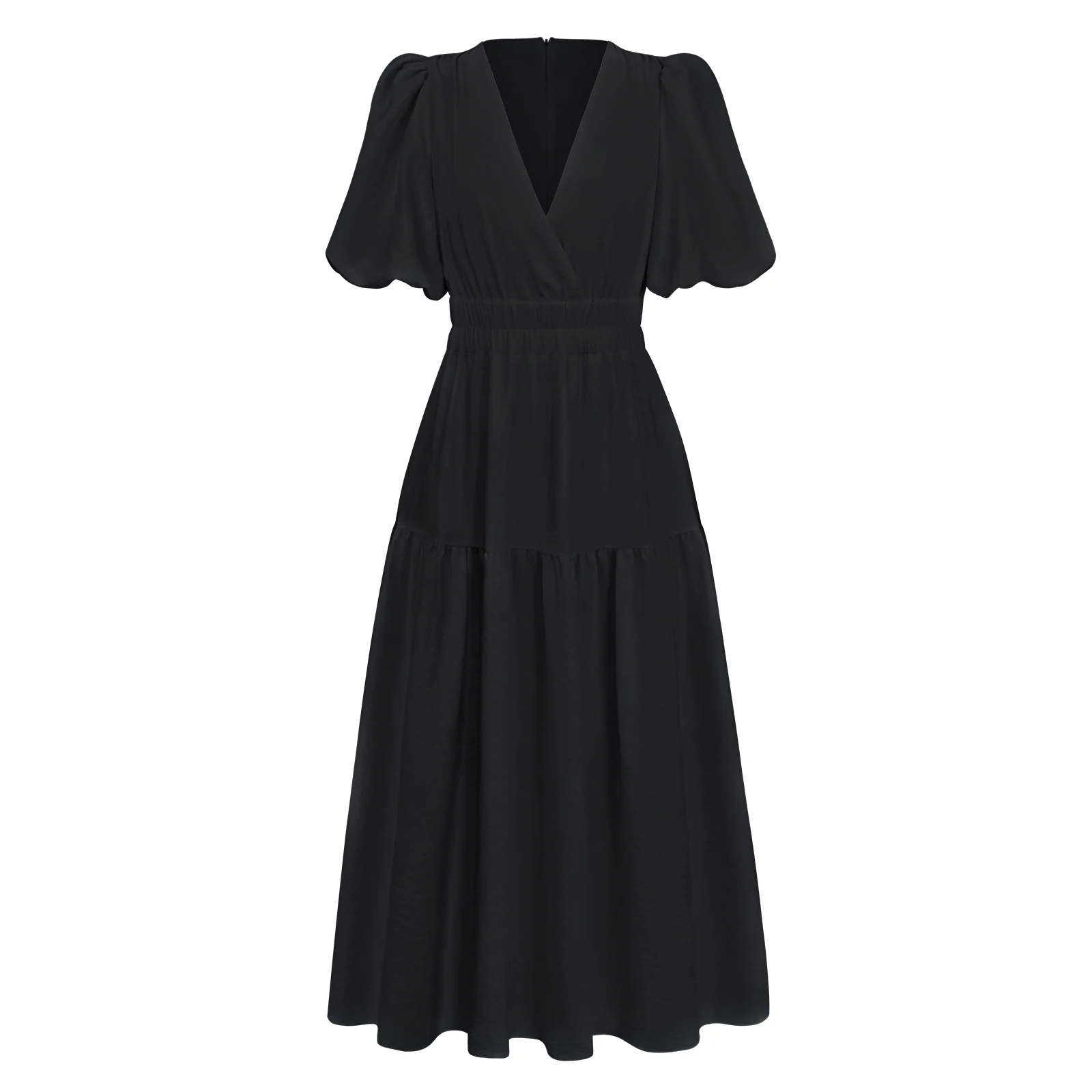 KIMONA SMOCKED SHORT SLEEVE MAXI DRESS - BLACK - Image 7