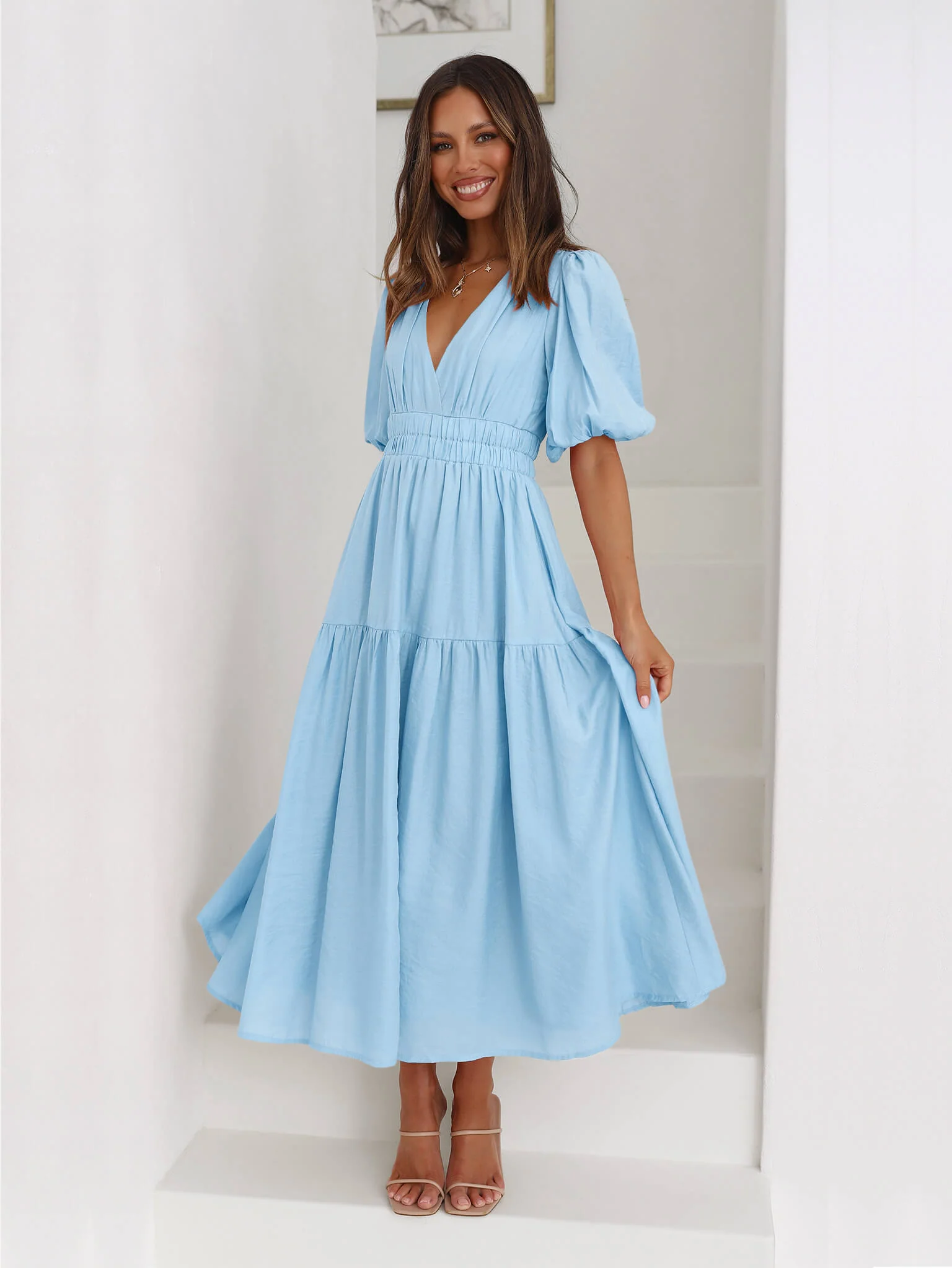 Kimona Smocked Short Sleeve Maxi Dress - Blue - Image 2