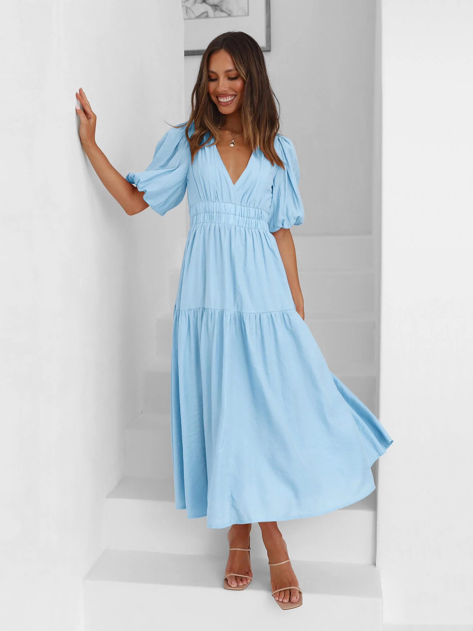 Kimona Smocked Short Sleeve Maxi Dress - Blue - Image 3