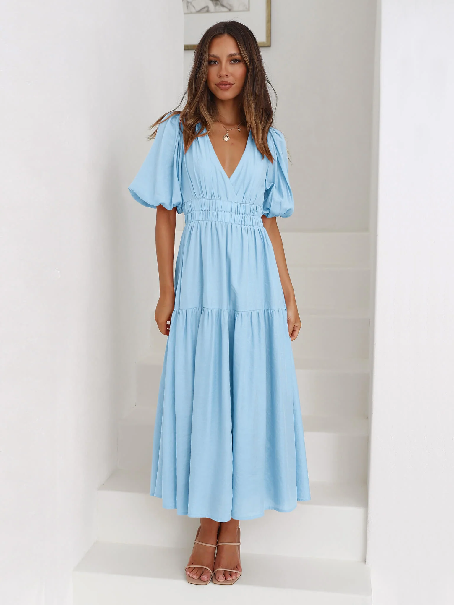 Kimona Smocked Short Sleeve Maxi Dress - Blue - Image 4