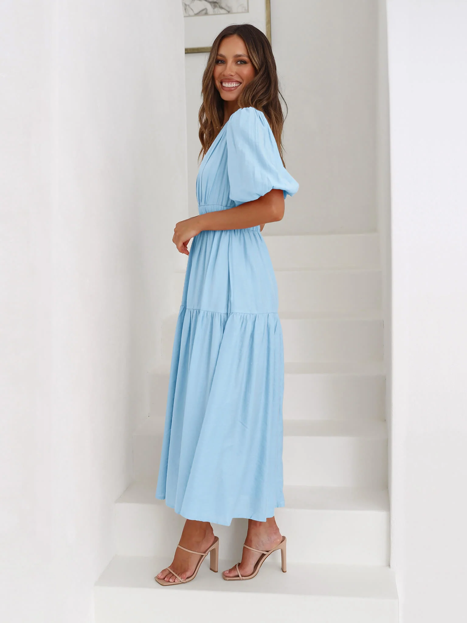 Kimona Smocked Short Sleeve Maxi Dress - Blue - Image 6