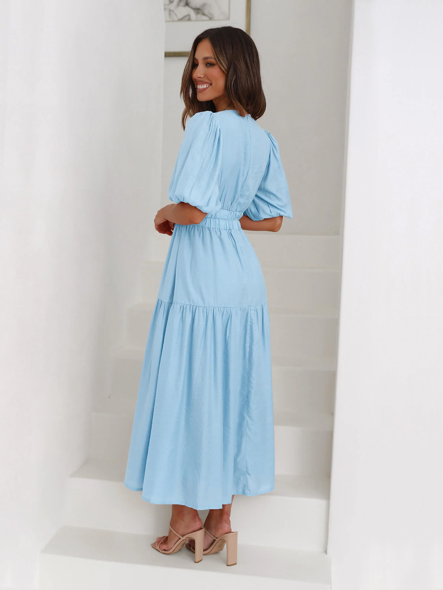 Kimona Smocked Short Sleeve Maxi Dress - Blue - Image 7