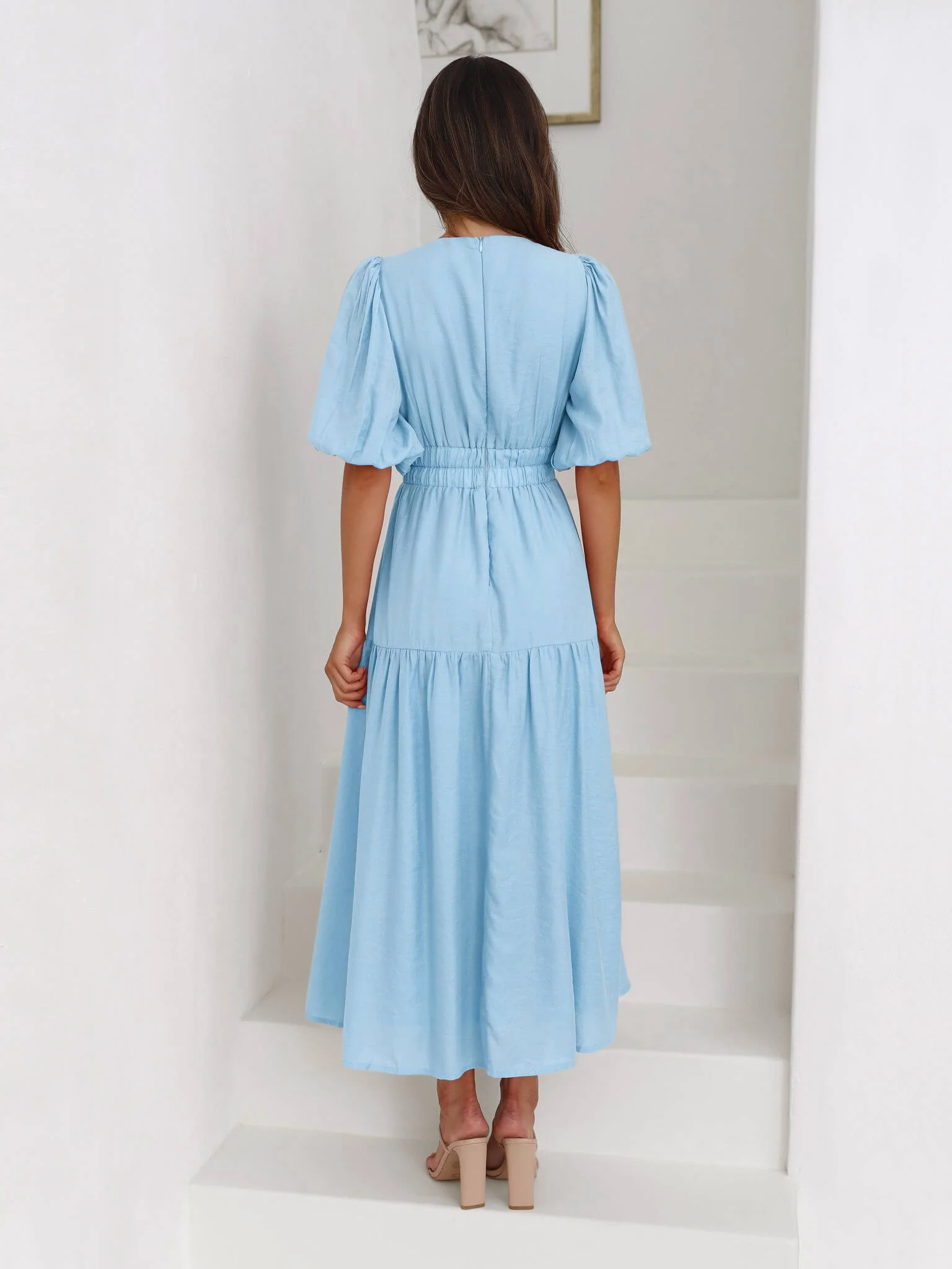 Kimona Smocked Short Sleeve Maxi Dress - Blue - Image 8