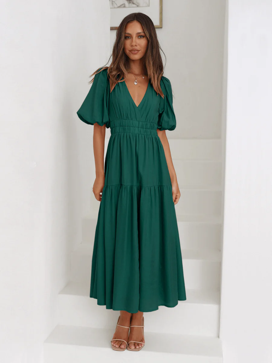 Kimona Smocked Short Sleeve Maxi Dress - Emerald