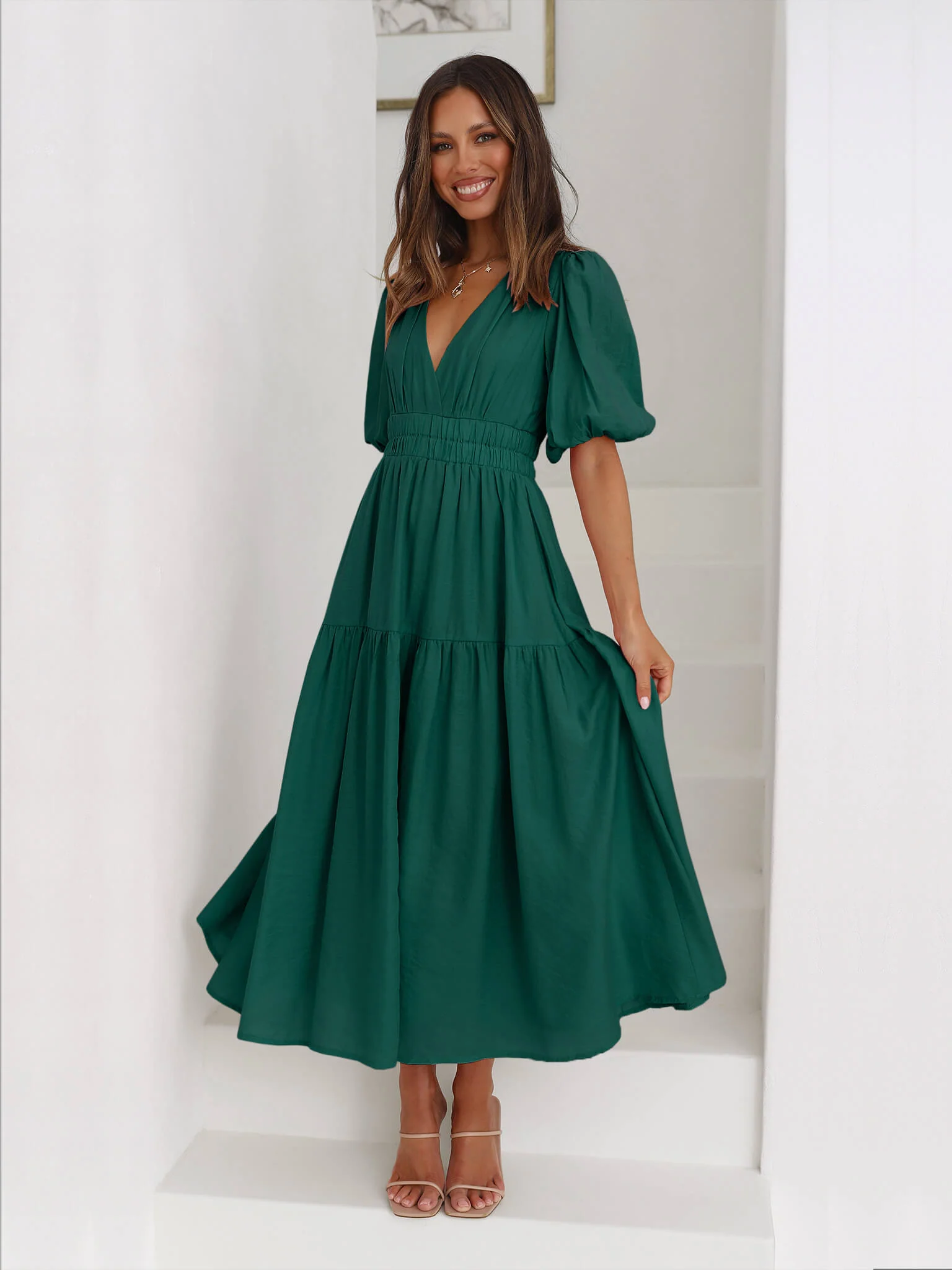 Kimona Smocked Short Sleeve Maxi Dress - Emerald - Image 2