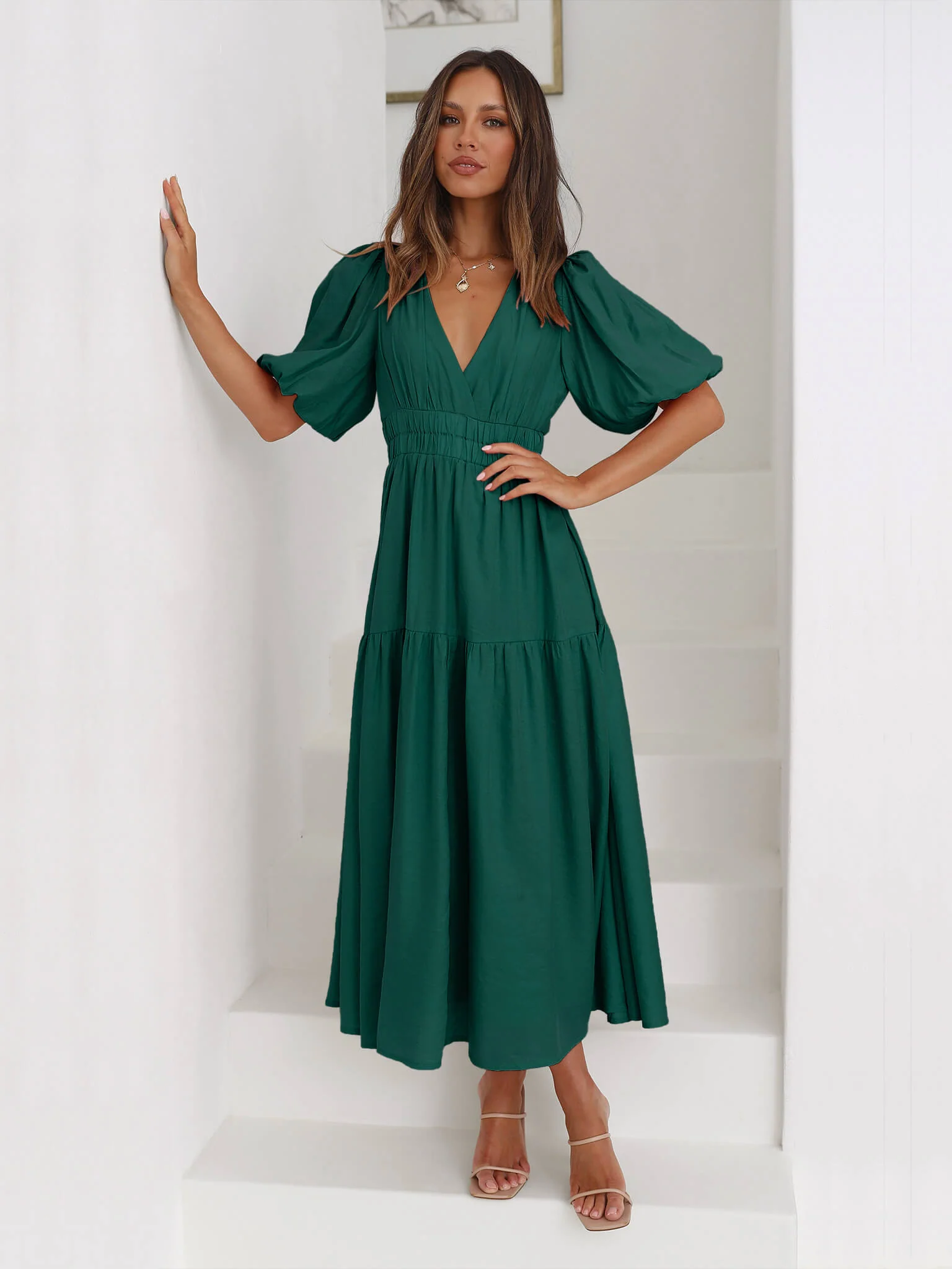 Kimona Smocked Short Sleeve Maxi Dress - Emerald - Image 3
