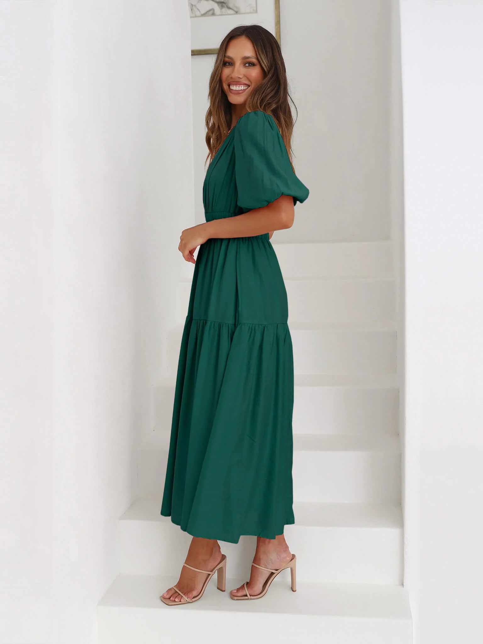 Kimona Smocked Short Sleeve Maxi Dress - Emerald - Image 5