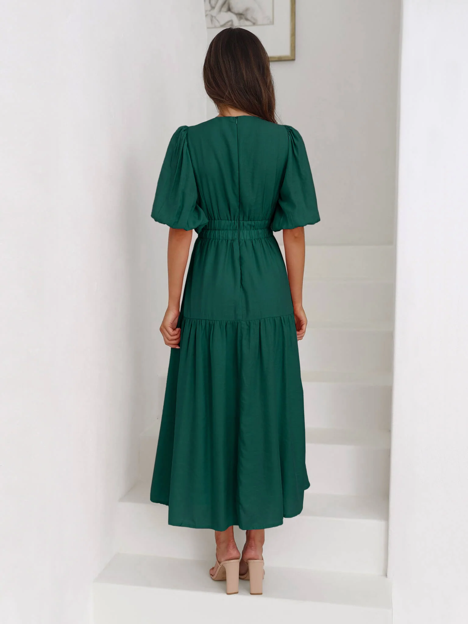 Kimona Smocked Short Sleeve Maxi Dress - Emerald - Image 6