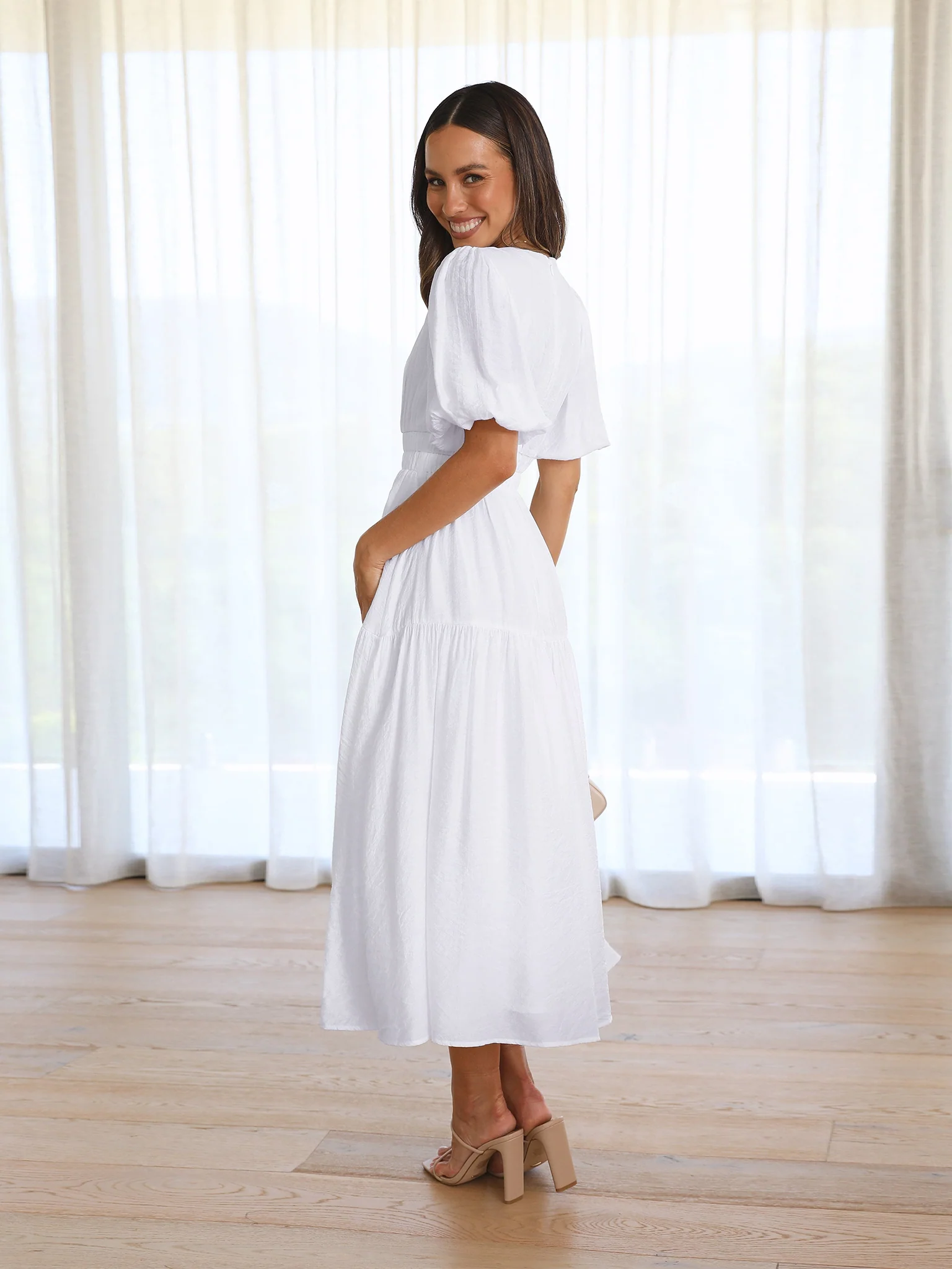 KIMONA SMOCKED SHORT SLEEVE MAXI DRESS - WHITE - Image 8