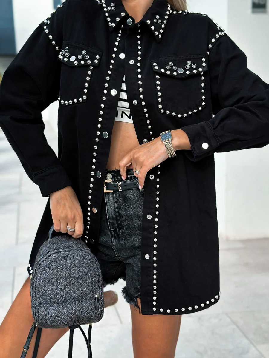 Kind Of A Big Deal Pocketed Studded Denim Jacket - Black - Image 5