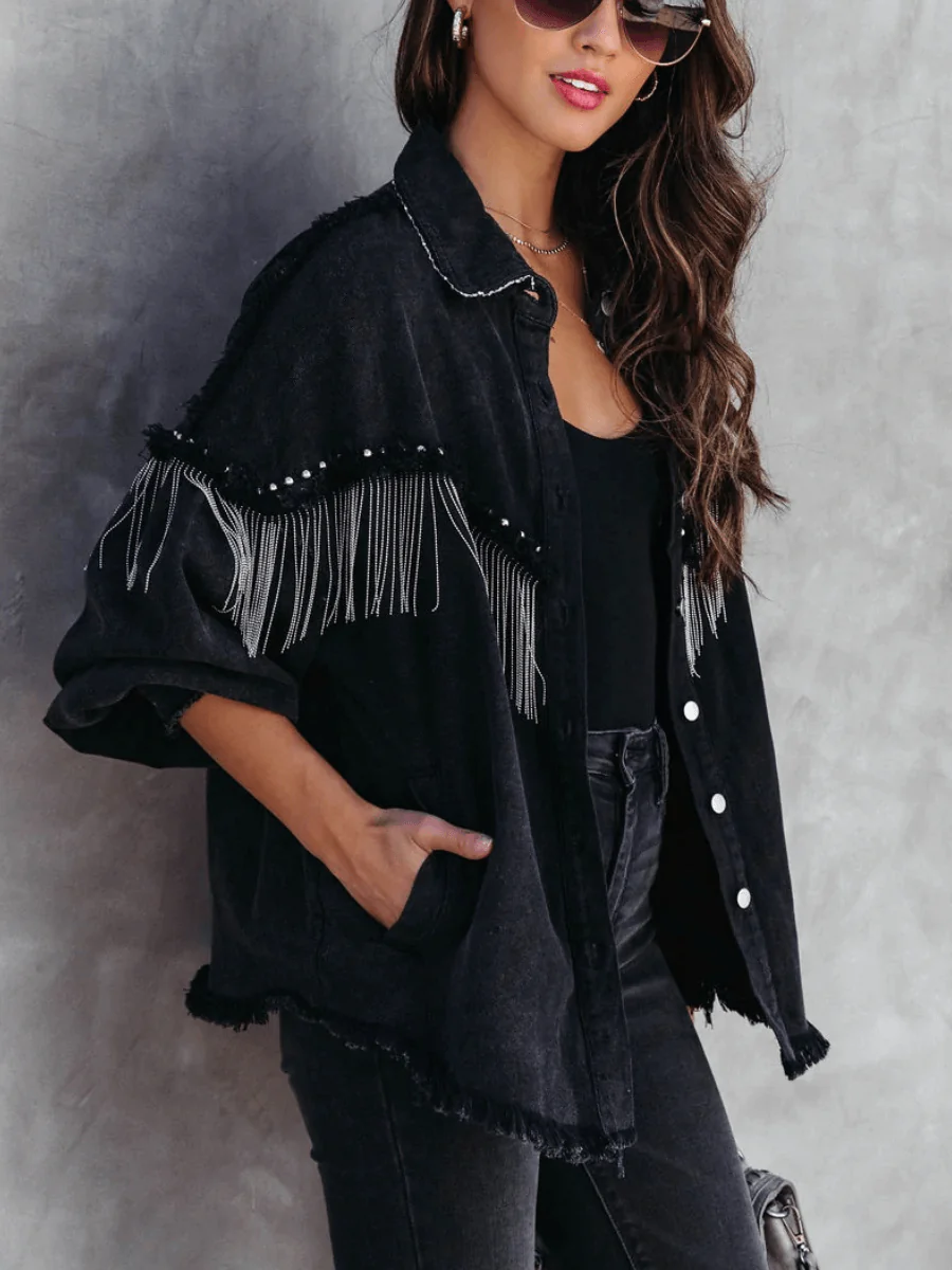 KNIGHTLY POCKETED STUDDED FRINGE DENIM JACKET - Image 3