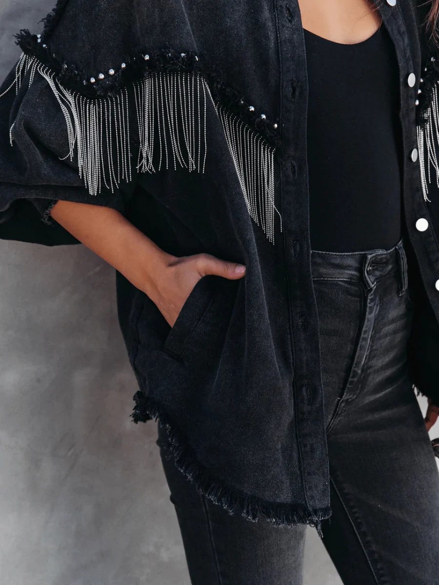 KNIGHTLY POCKETED STUDDED FRINGE DENIM JACKET - Image 5
