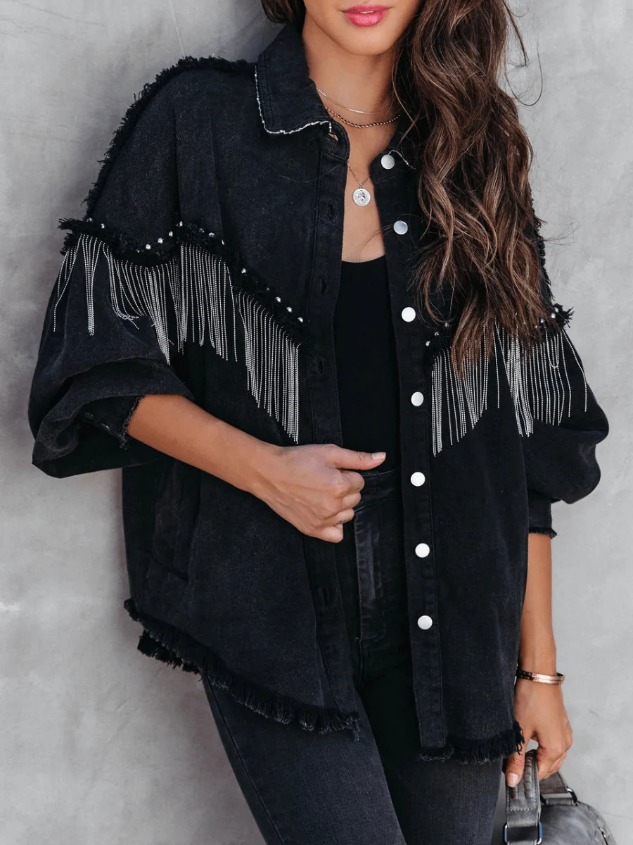 KNIGHTLY POCKETED STUDDED FRINGE DENIM JACKET - Image 6
