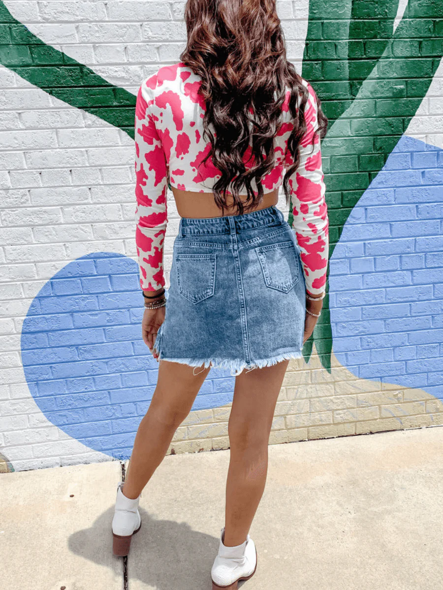 KRYSTEN SEQUINS FRINGE TASSEL HEM DENIM MINI SKIRT - Image 3
