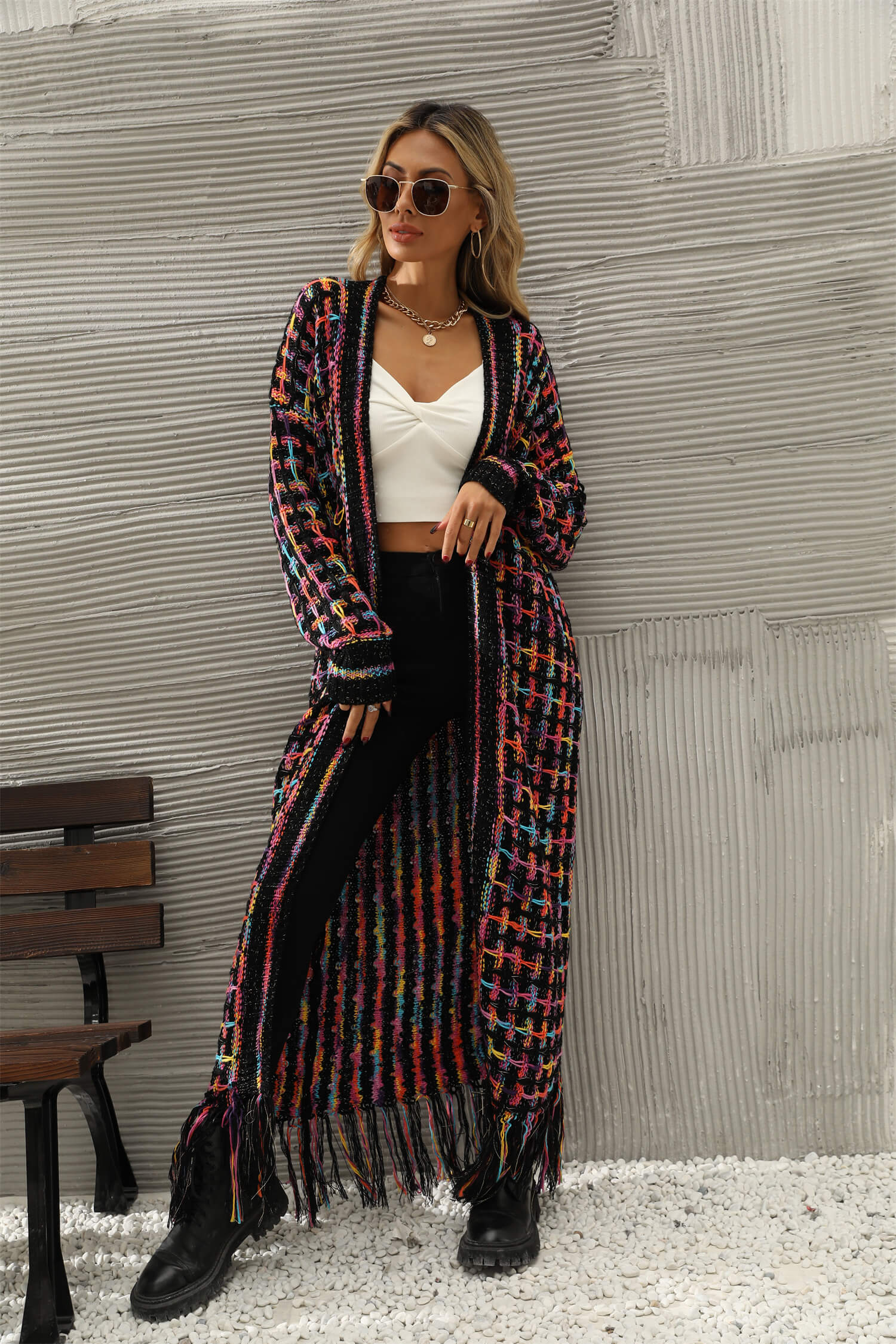 Lana Fringe Hem Knit Duster Cardigan - Black - Image 3