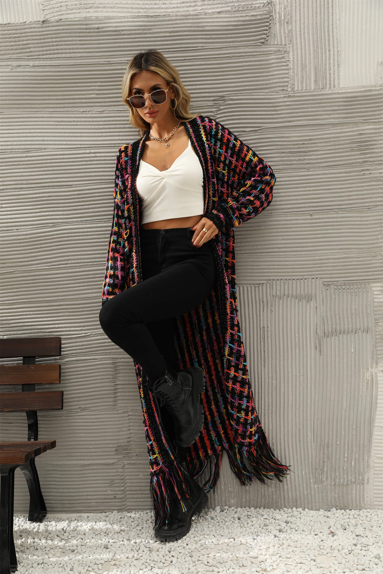 Lana Fringe Hem Knit Duster Cardigan - Black - Image 6