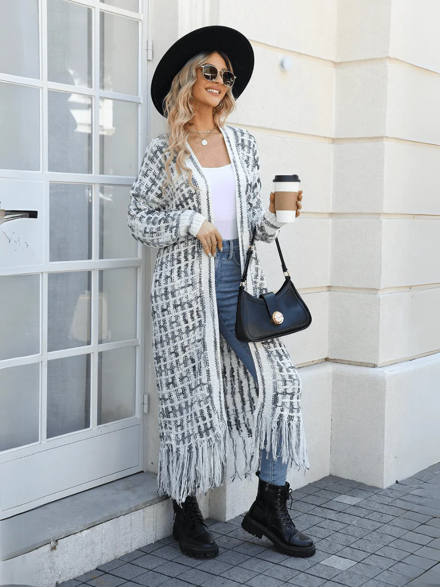 Lana Fringe Hem Knit Duster Cardigan - Grey - Image 2