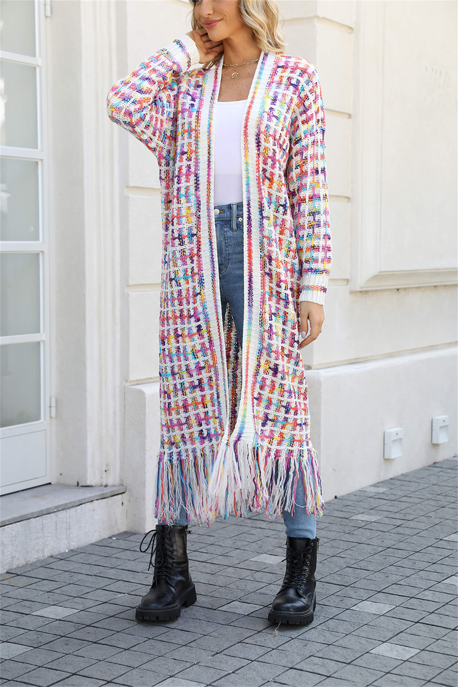 Lana Fringe Hem Knit Duster Cardigan - White - Image 4