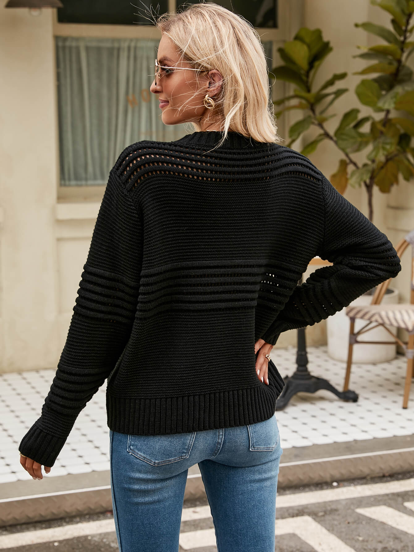 Late Meeting Perforated Stripe Pullover Sweater - Black - Image 5