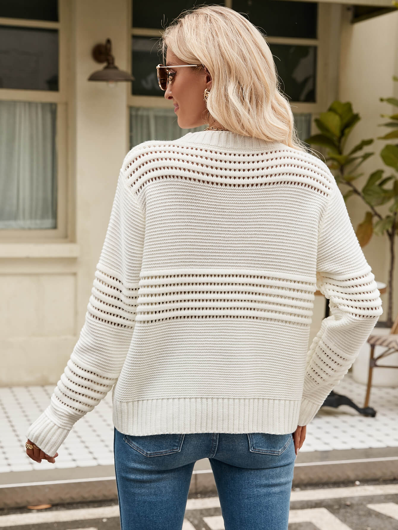Late Meeting Perforated Stripe Pullover Sweater - Cream - Image 5