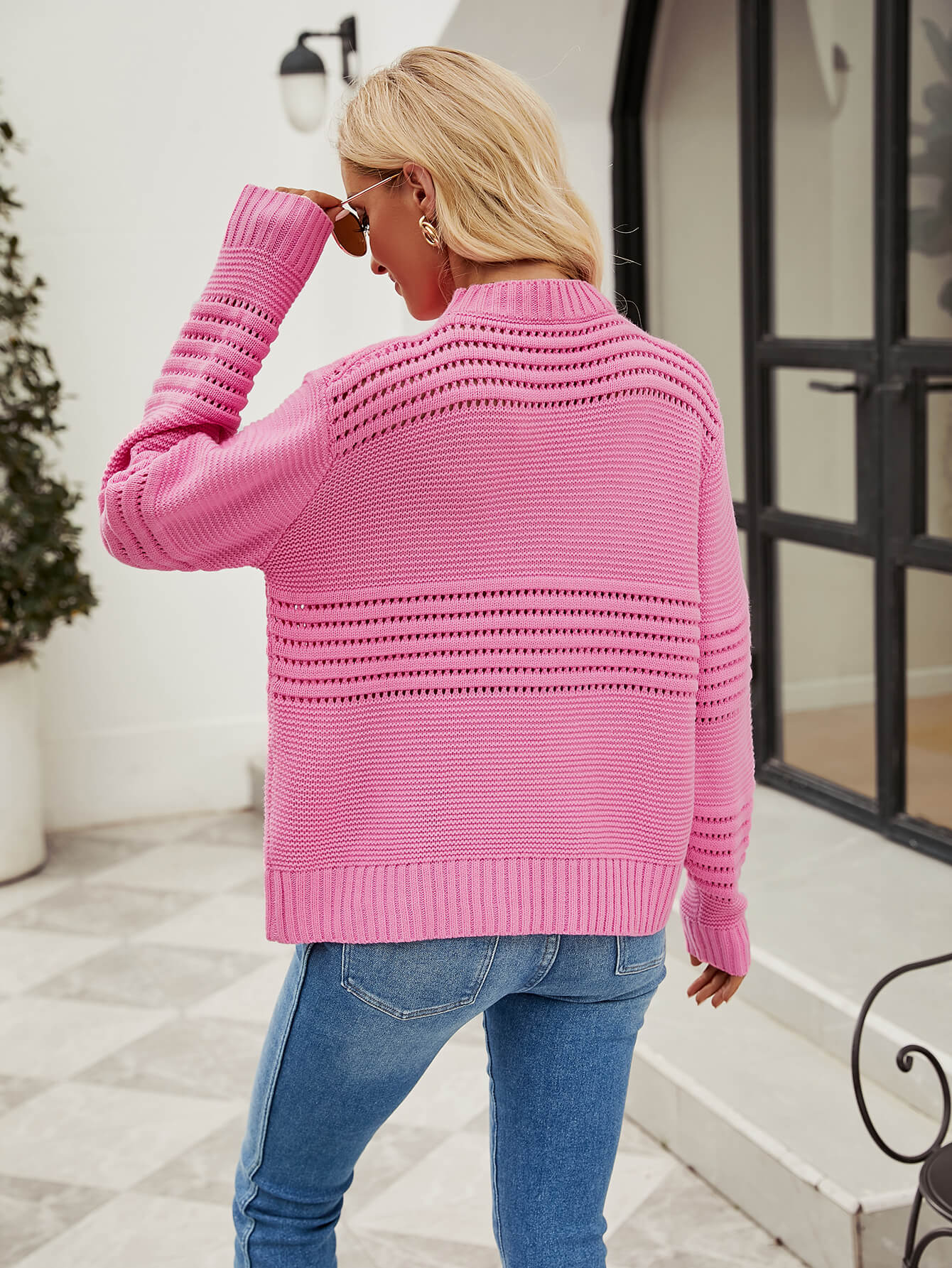 Late Meeting Perforated Stripe Pullover Sweater - Pink - Image 5