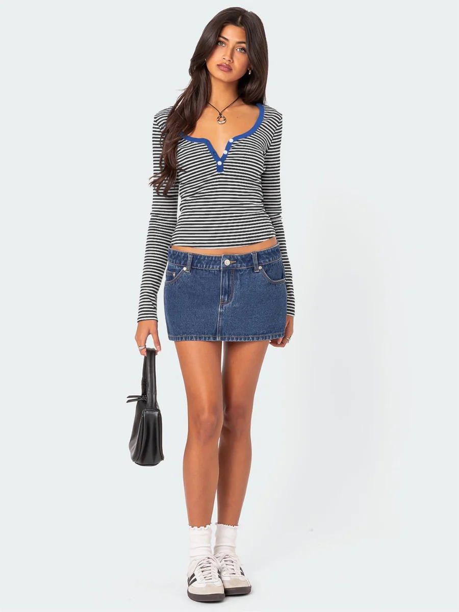 Layanne Striped Partial Button Top