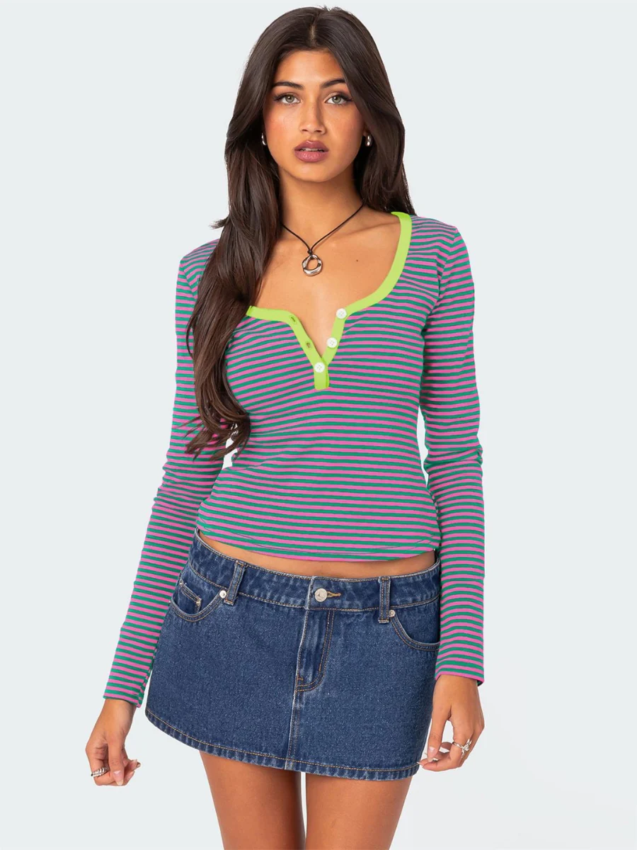 Layanne Striped Partial Button Top - Image 15