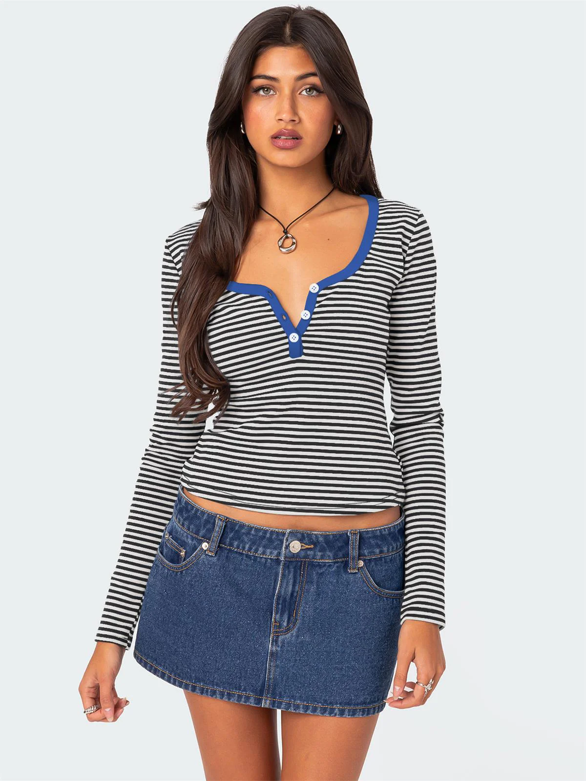 Layanne Striped Partial Button Top - Image 3