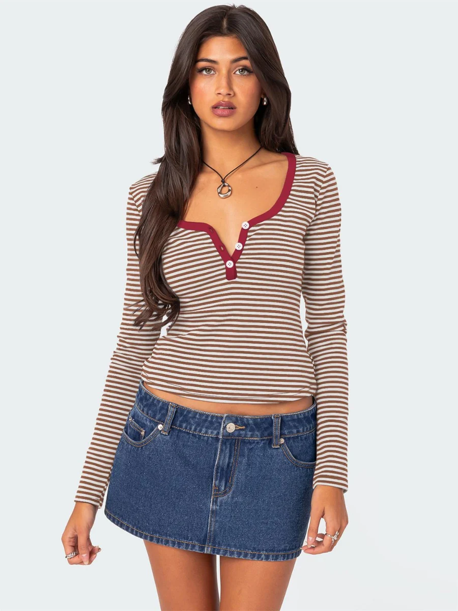 Layanne Striped Partial Button Top - Image 6