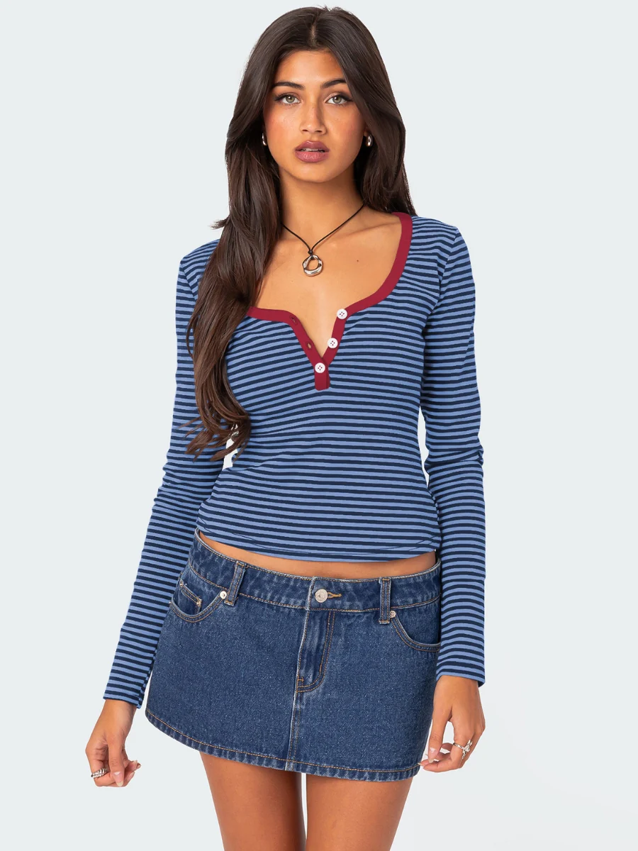 Layanne Striped Partial Button Top - Image 9