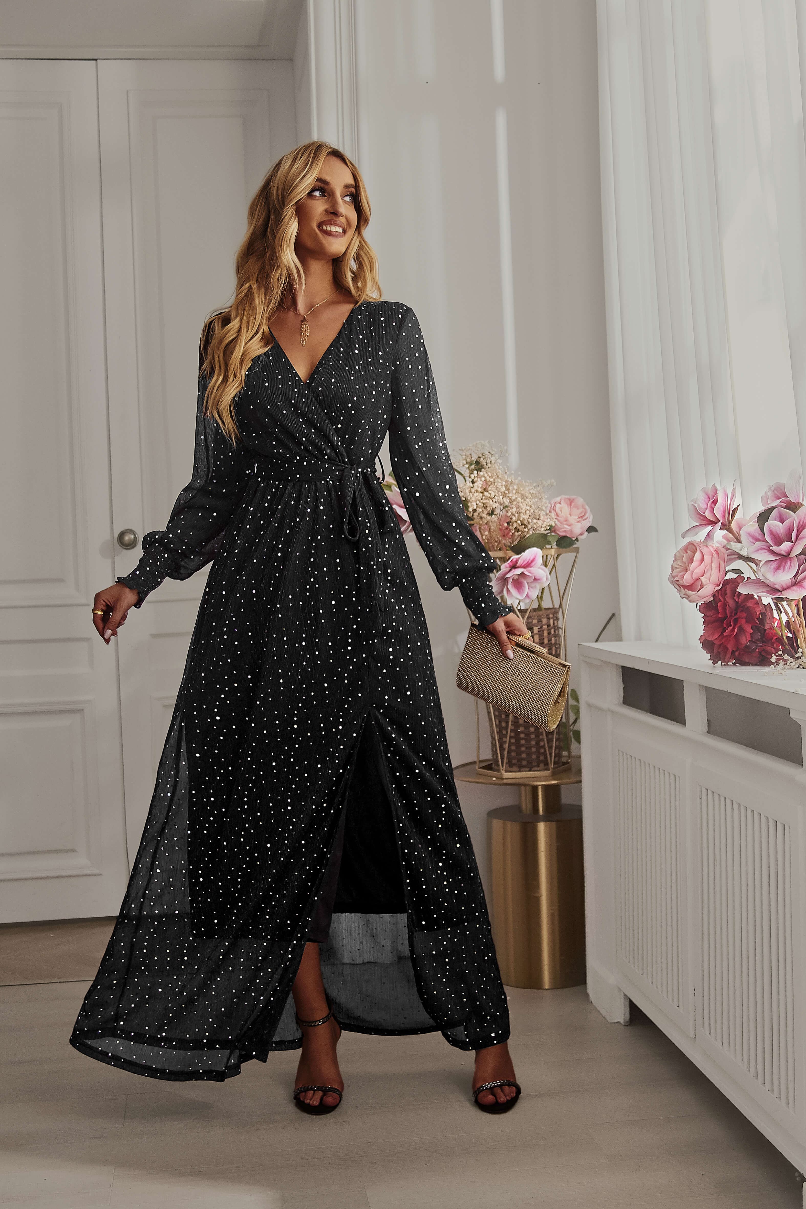 LEANDRA FRONT SPLIT SHIMMER MAXI DRESS - BLACK - Image 2