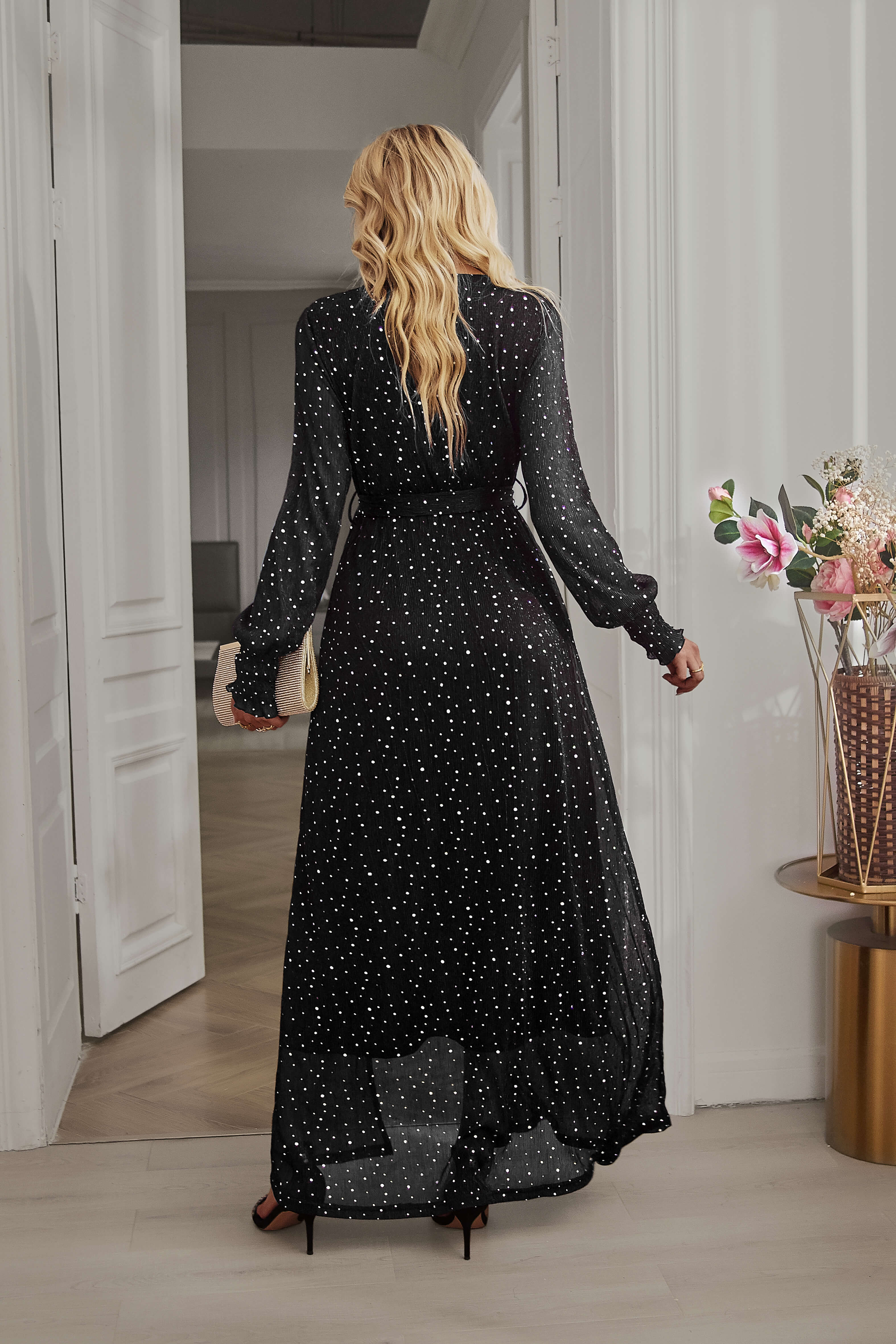 LEANDRA FRONT SPLIT SHIMMER MAXI DRESS - BLACK - Image 3