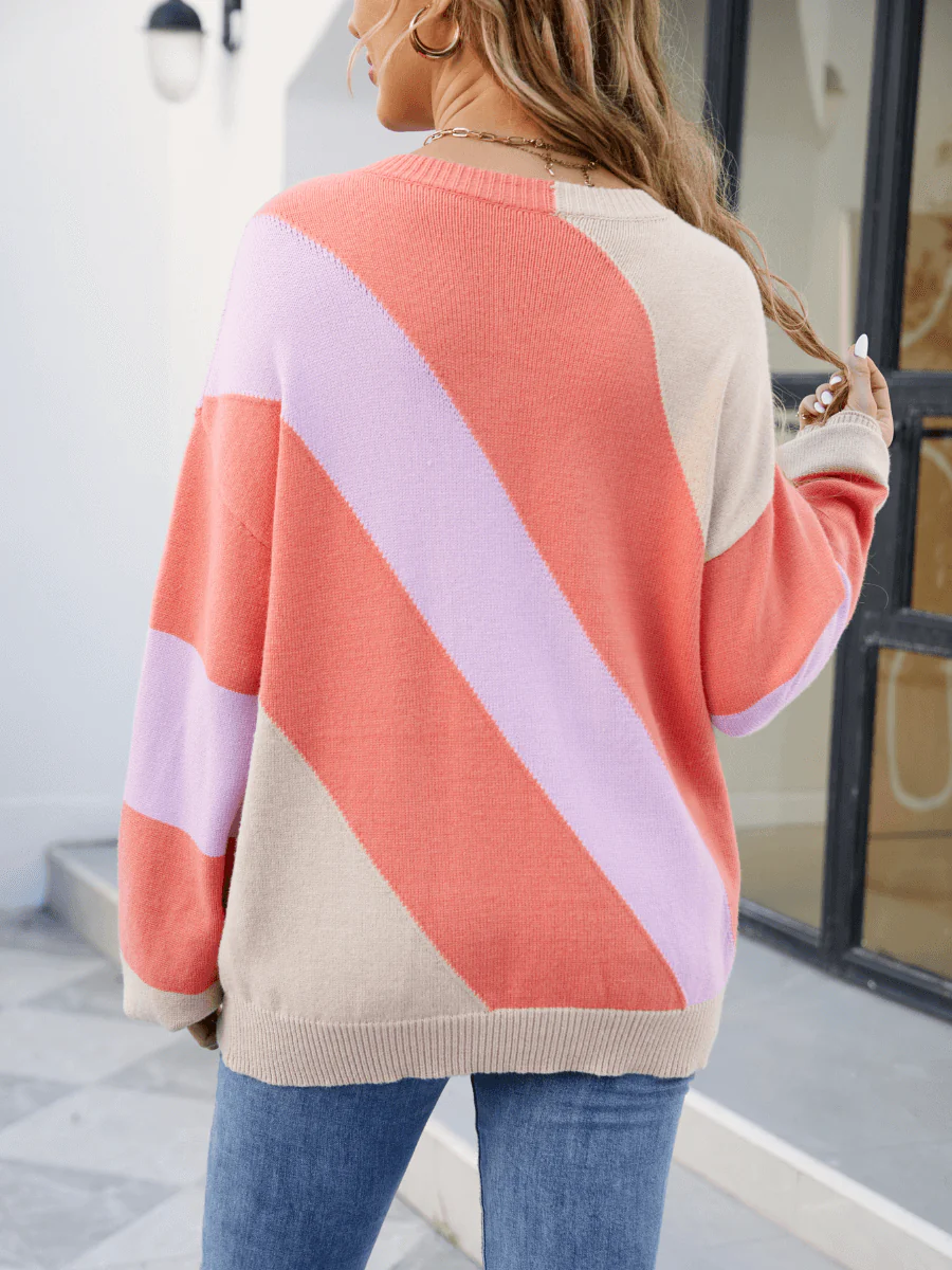 Leia Diagonal Strip Colorblock Sweater - Coral - Image 4