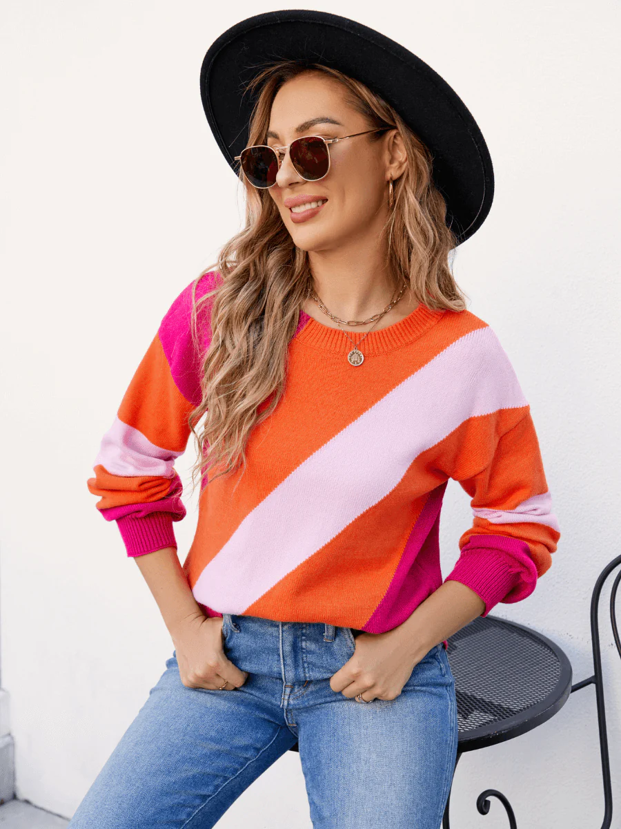 Leia Diagonal Strip Colorblock Sweater - Orange