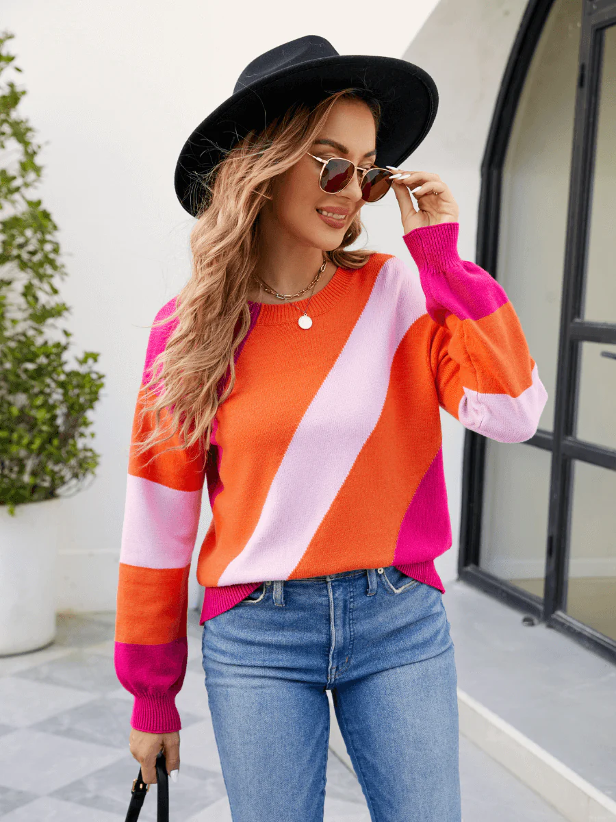 Leia Diagonal Strip Colorblock Sweater - Orange - Image 5