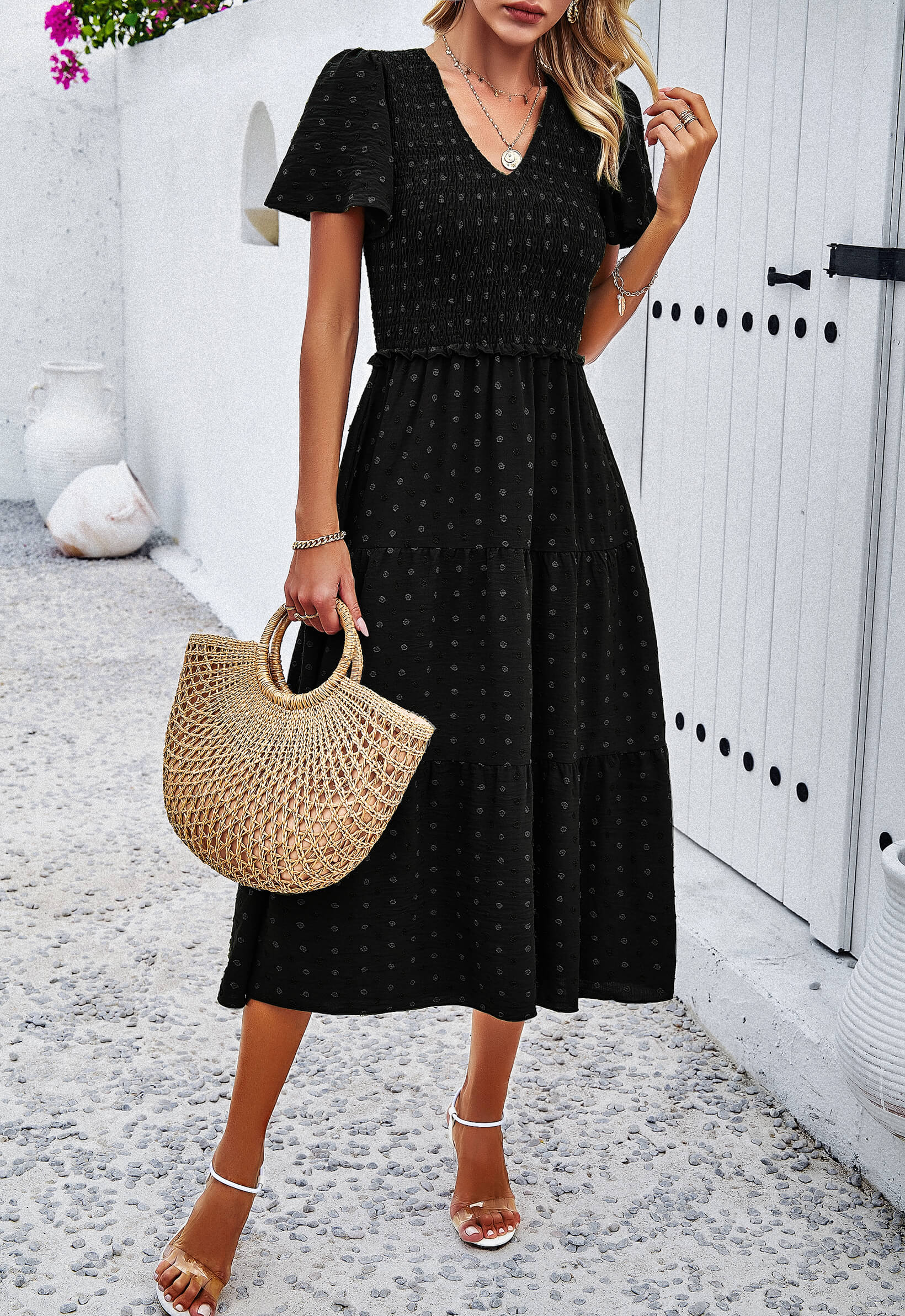 Leonie Spotted Tiered Midi Dress - Black - Image 2