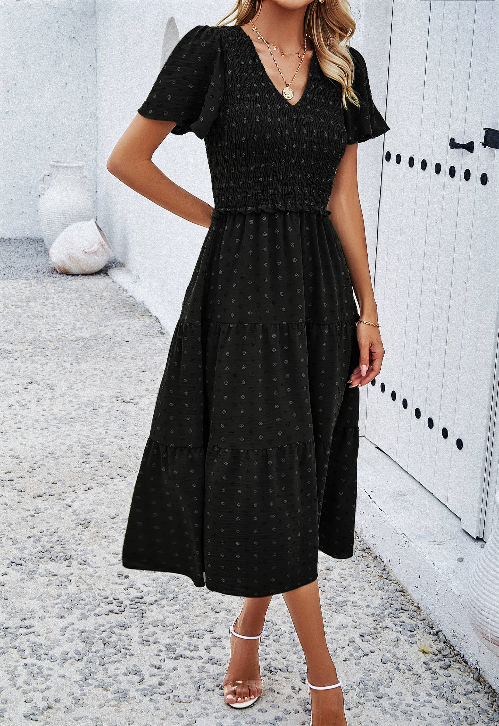 Leonie Spotted Tiered Midi Dress - Black - Image 3