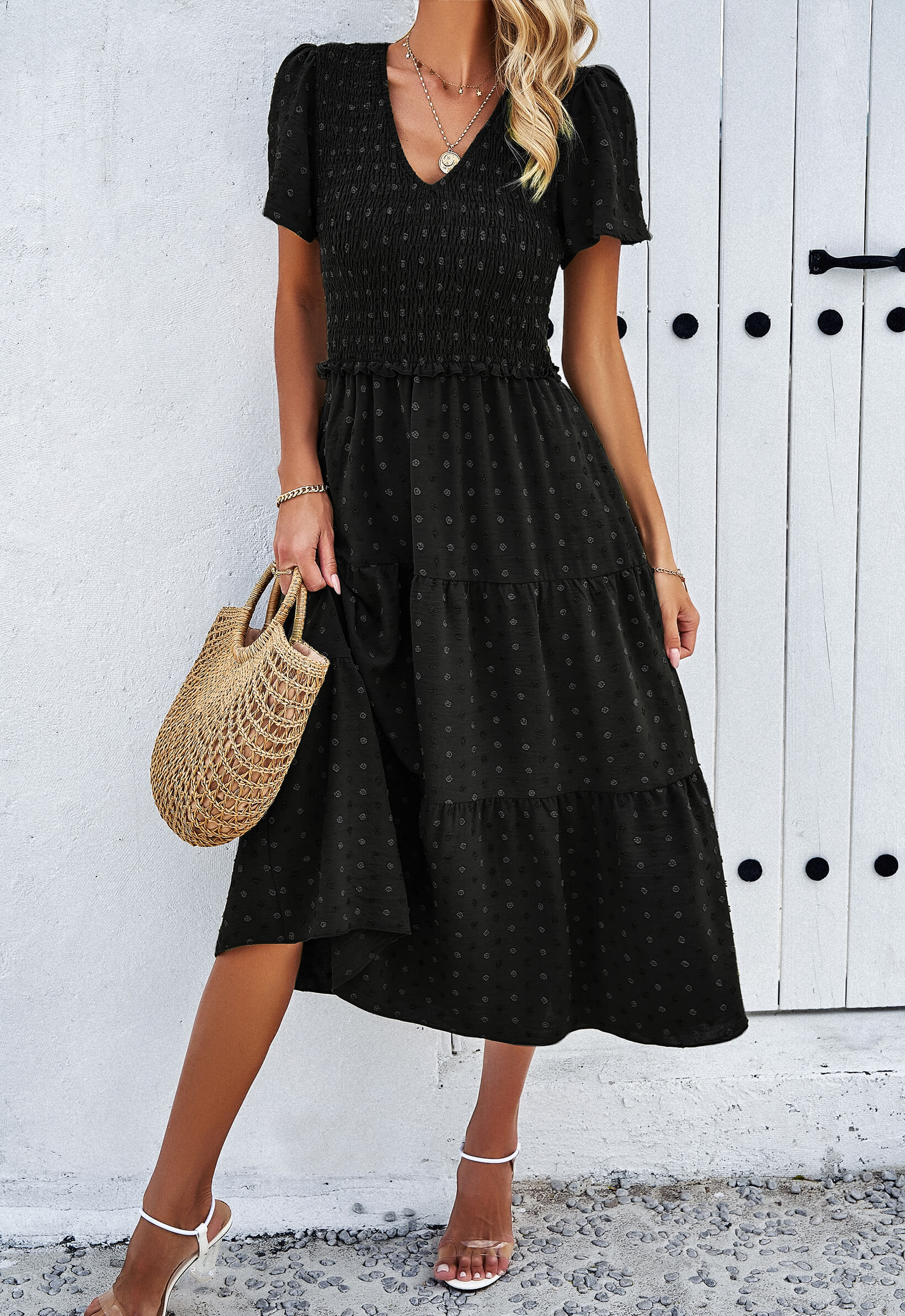 Leonie Spotted Tiered Midi Dress - Black - Image 4