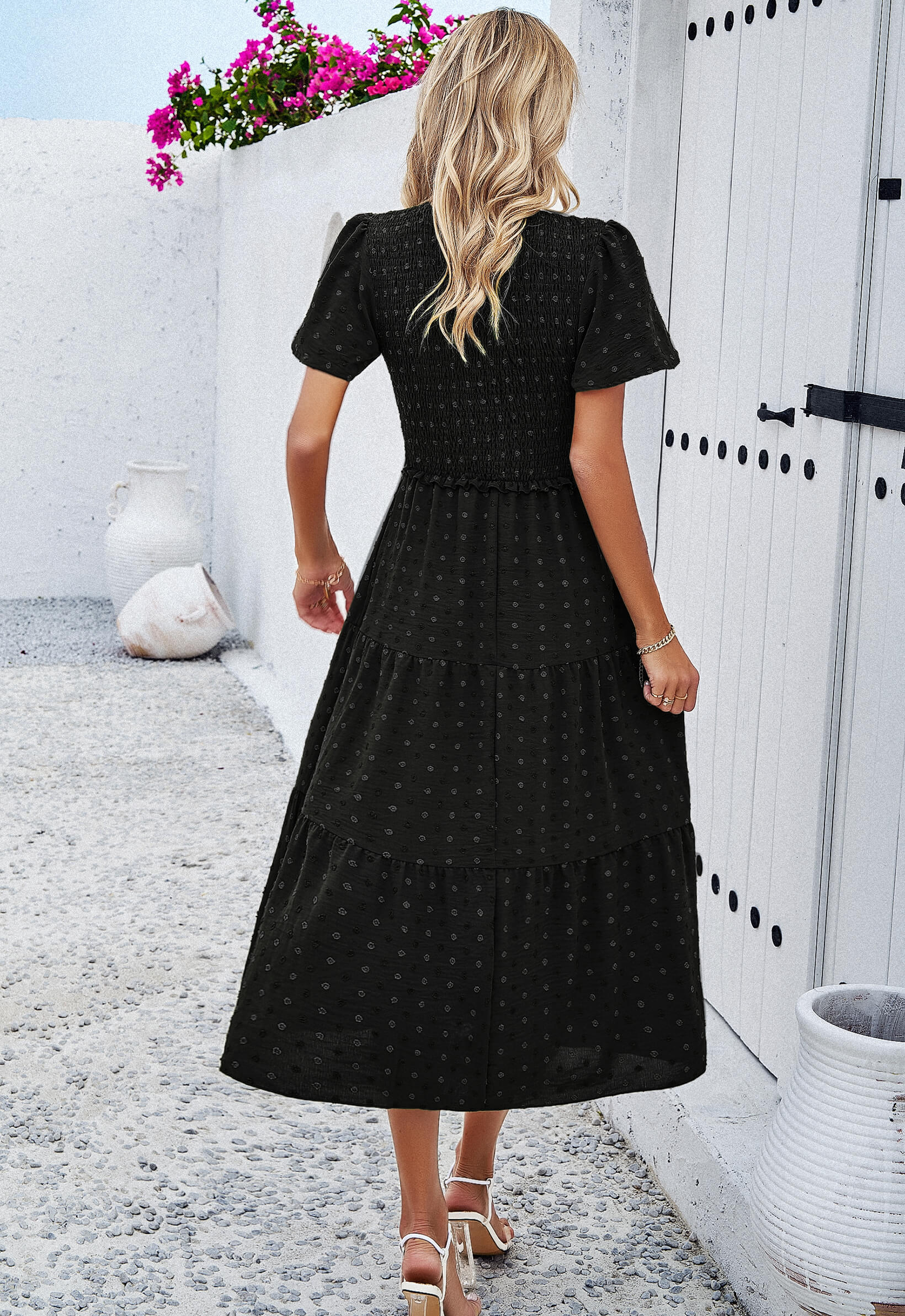 Leonie Spotted Tiered Midi Dress - Black - Image 5