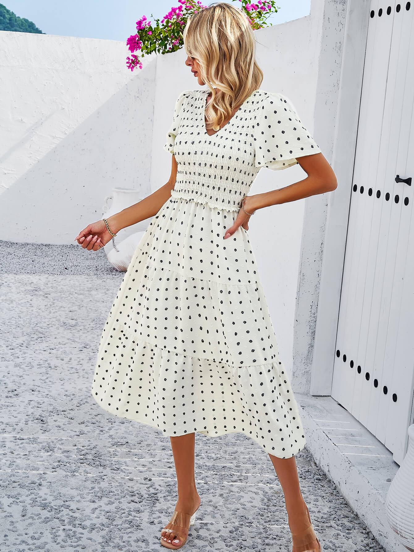 Leonie Spotted Tiered Midi Dress - Cream - Image 2