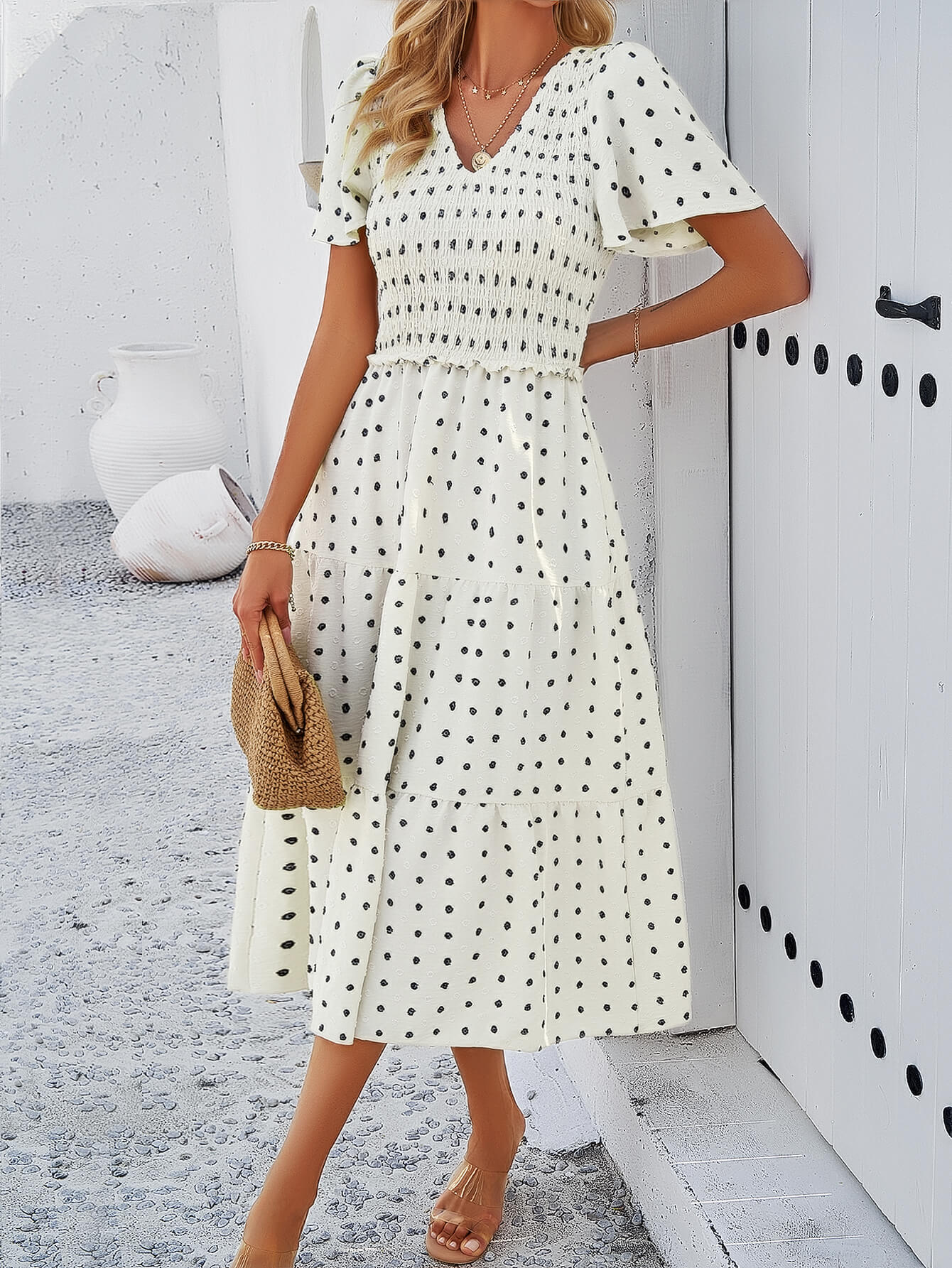 Leonie Spotted Tiered Midi Dress - Cream - Image 4