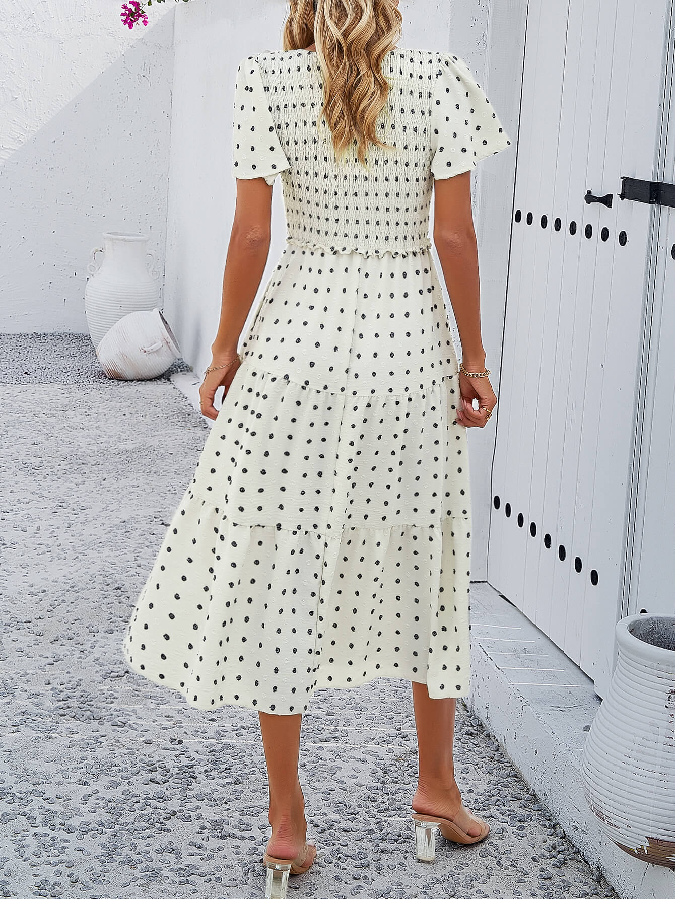Leonie Spotted Tiered Midi Dress - Cream - Image 5
