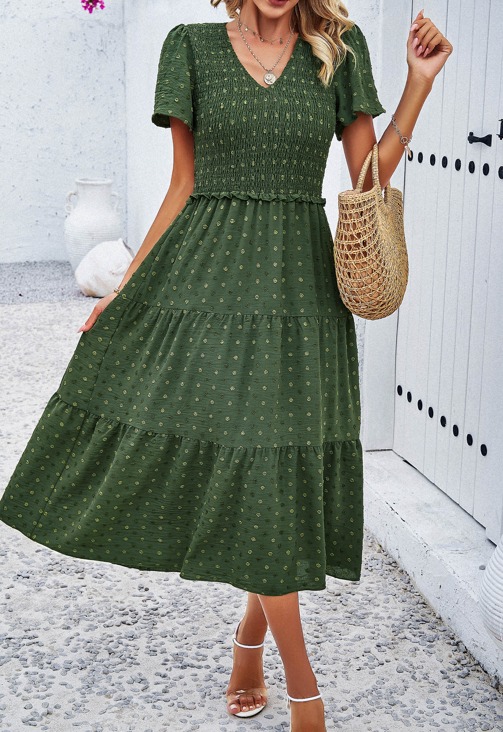 Leonie Spotted Tiered Midi Dress - Green - Image 2