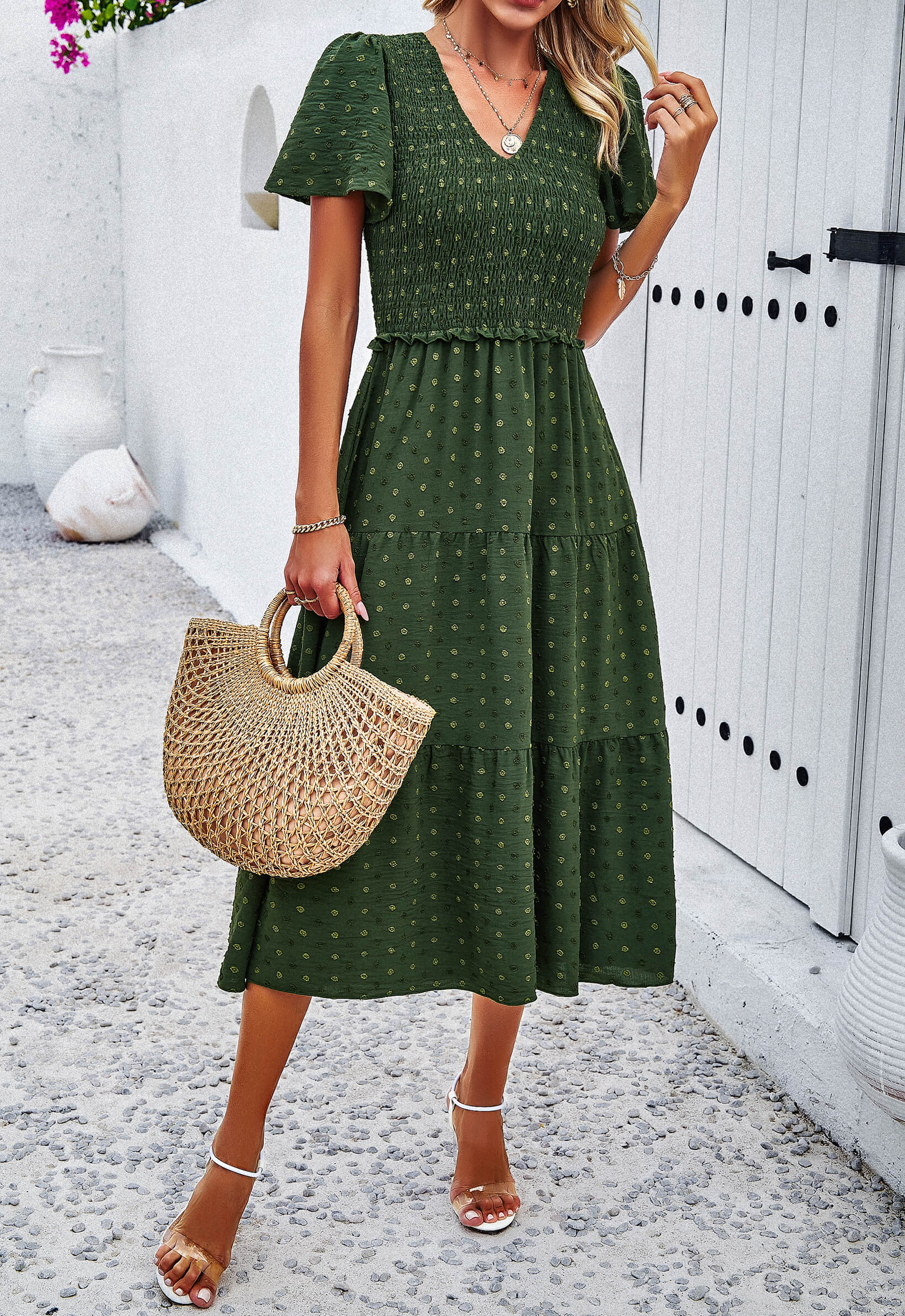 Leonie Spotted Tiered Midi Dress - Green - Image 3