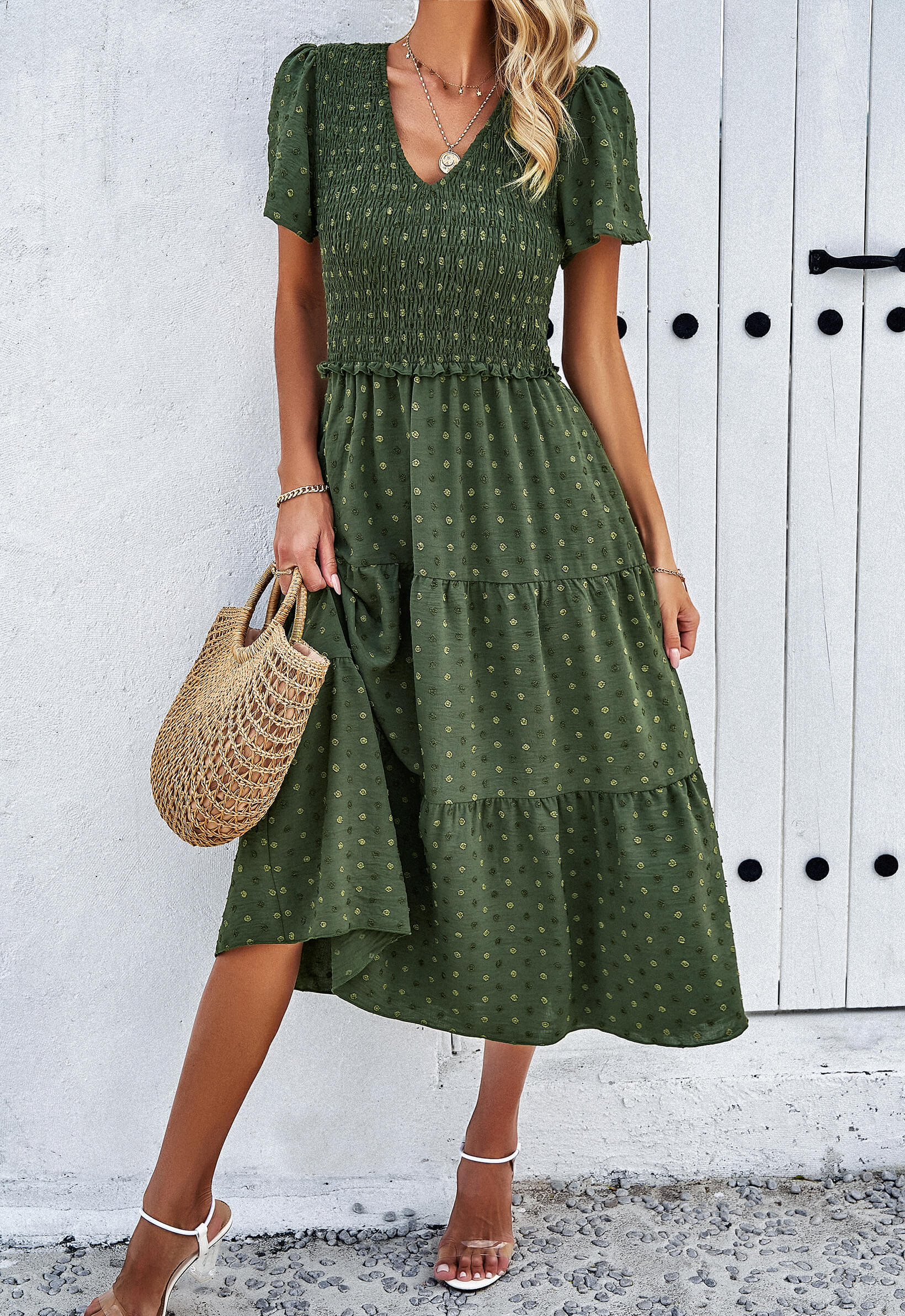 Leonie Spotted Tiered Midi Dress - Green - Image 4