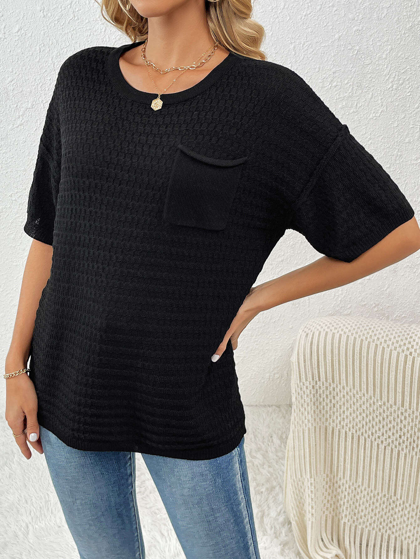 Lettie Short Sleeve Sweater Top - Black - Image 2