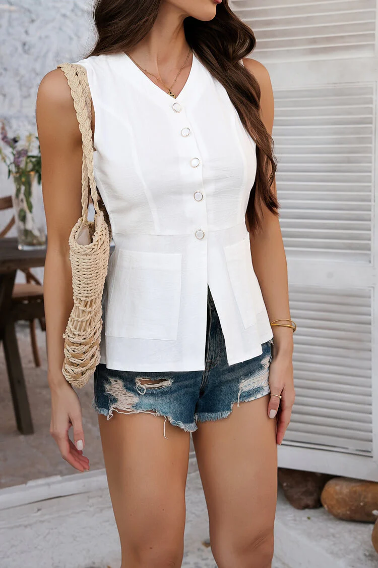 Leva Button Up Cotton Vest - white - Image 4